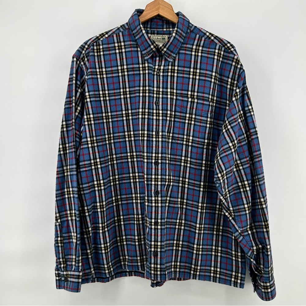 LL Bean Flannel Shirt Mens XL Tall Blue Plaid Cabincore Button Down Classic
